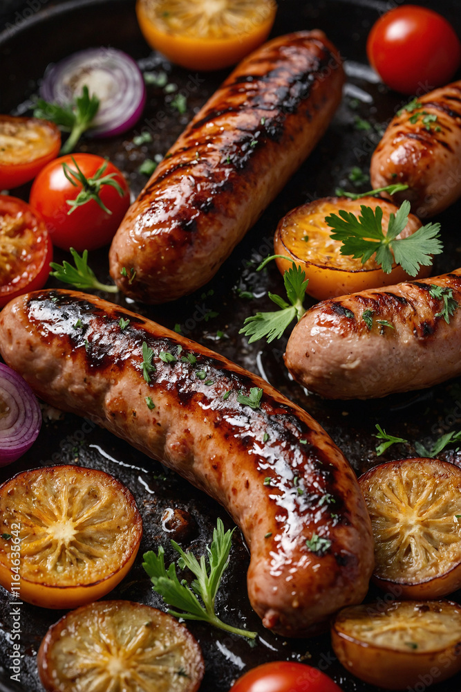 Appetizing fried sausages with a crispy crust. Ideal for grilling, picnic or a quick snack. Close-up shows juiciness and an appetizing look. Simple and tasty dish Appetizing fried sausages with a crispy crust. Ideal for grilling, picnic or a quick snack. Close-up shows juiciness and an appetizing look. Simple and tasty dish