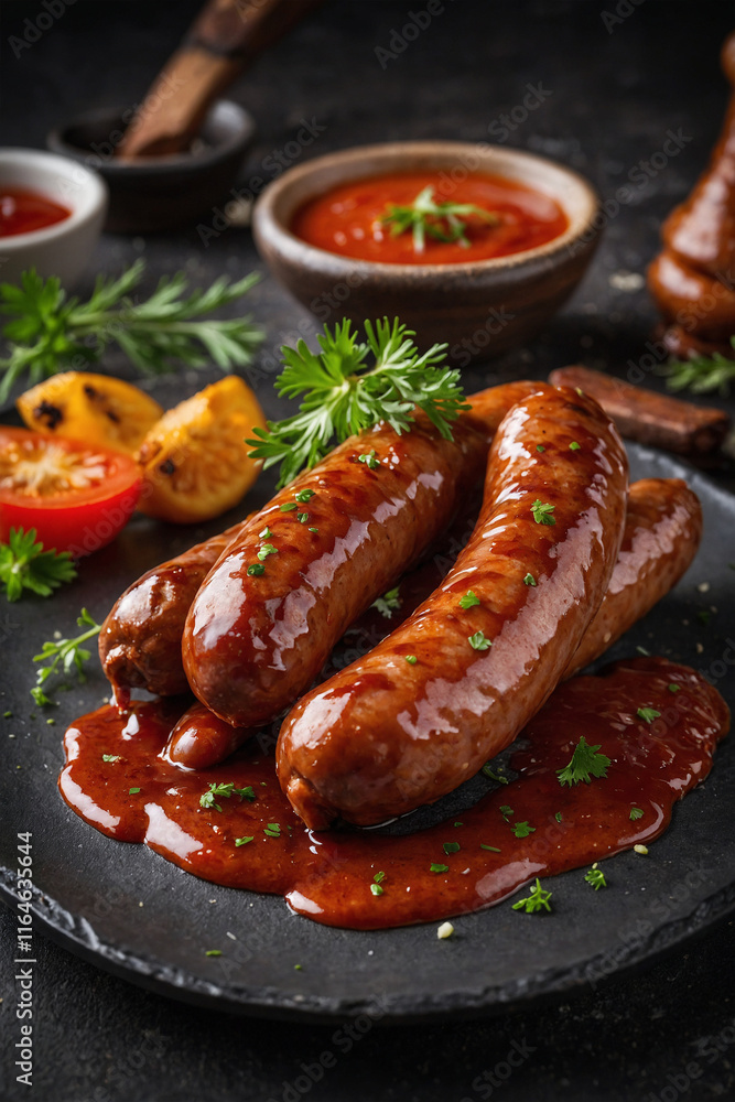 Appetizing fried sausages with a crispy crust. Ideal for grilling, picnic or a quick snack. Close-up shows juiciness and an appetizing look. Simple and tasty dish Appetizing fried sausages with a crispy crust. Ideal for grilling, picnic or a quick snack. Close-up shows juiciness and an appetizing look. Simple and tasty dish