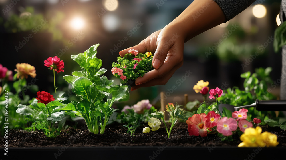 A person tending to a vegetable garden, surrounded by blooming flowers A person tending to a vegetable garden, surrounded by blooming flowers