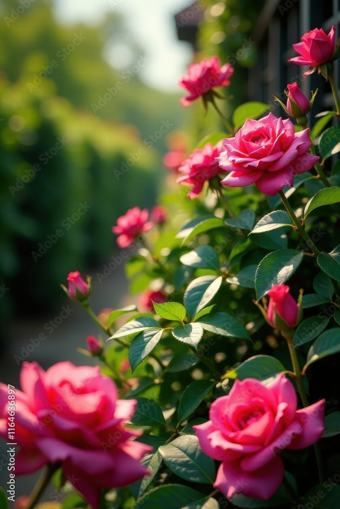 Vibrant pink roses, lush greenery, sunlit scene, pink roses, floral wallpaper Vibrant pink roses, lush greenery, sunlit scene, pink roses, floral wallpaper