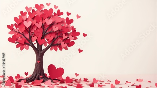 Heart-filled tree stands majestically in a serene landscape adorned with shifting love symbols