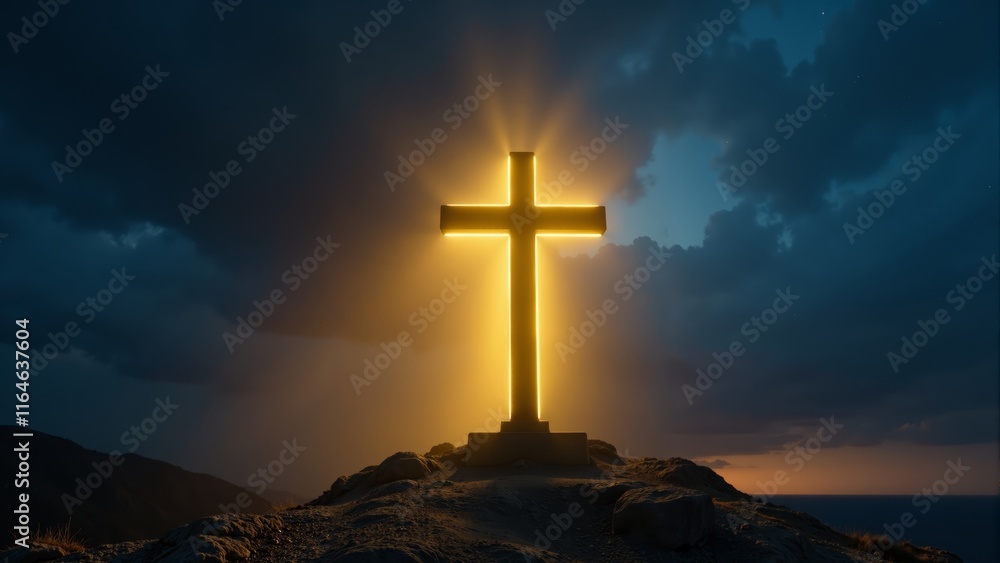 Sunrise illuminating a cross atop a rocky hill under a vibrant sky Sunrise illuminating a cross atop a rocky hill under a vibrant sky