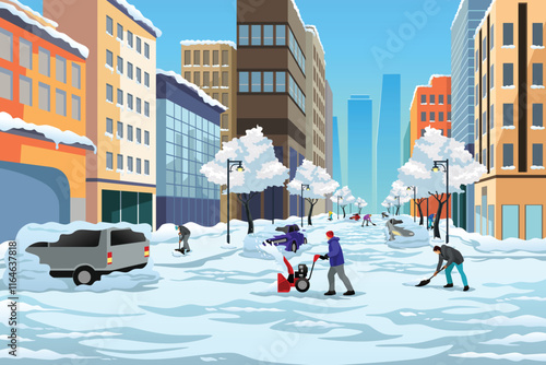 Snow Blizzard Storm in City During Winter Vector Illustration