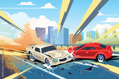 Car Accident in Highway Vector Illustration