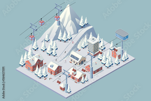 Isometric Skiing Winter Resort Vector Illustration
