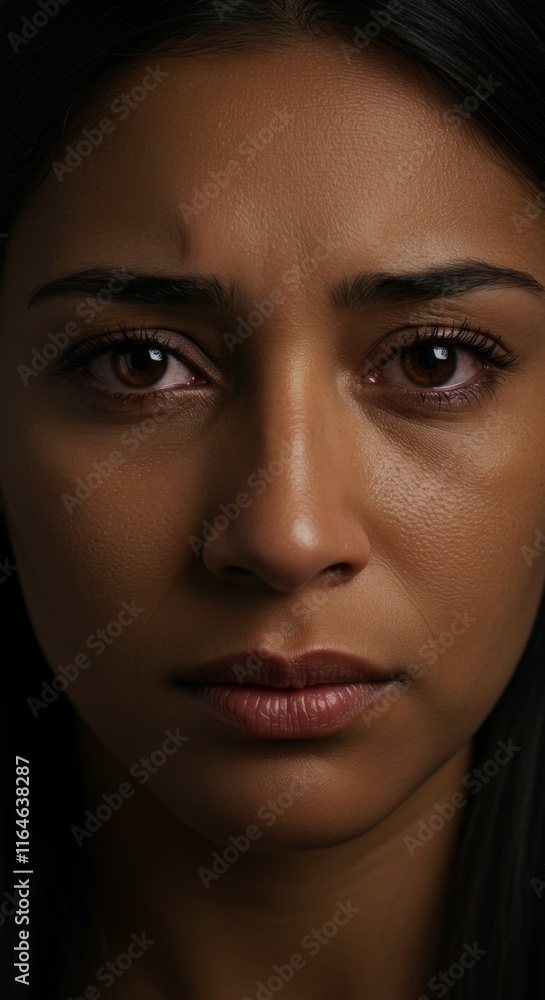Close up of Hispanic Woman face, Sad Sadness Depressed Depression Expression, Zoom In, Zoomed Portrait Close up of Hispanic Woman face, Sad Sadness Depressed Depression Expression, Zoom In, Zoomed Portrait