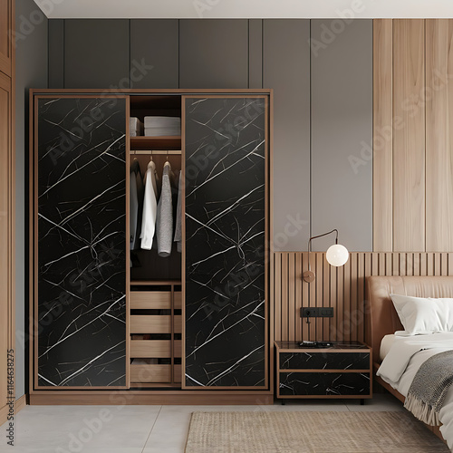 Modern bedroom interior design with scandinavian style. Wooden wardrobe with black marble doors, minimalist storage for clothes and closet organization. A grey wall with wooden panel creates contrast.