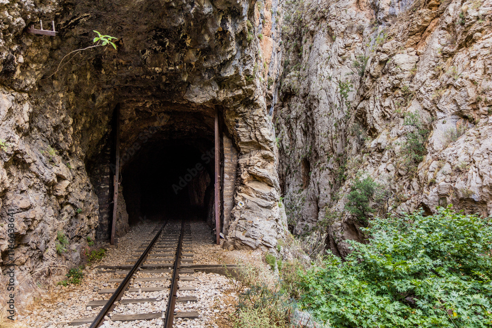 Obraz premium Tunnel at narrow gauge Odontotos railway in Vouraikos Gorge on Peloponnese peninsula, Greece.