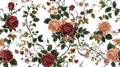 Delicate vintage roses in a repeating floral pattern featuring heart-shaped leaves and subtle hues