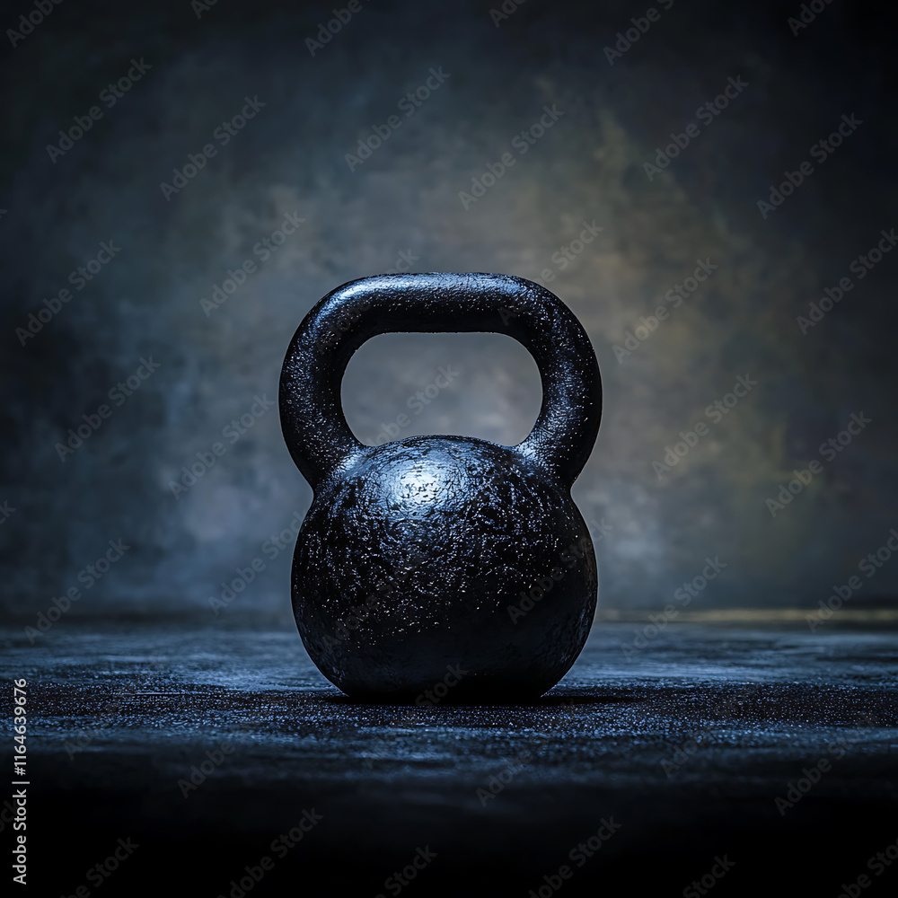 Fototapeta premium Single kettlebell on a dark background, highlighting fitness and strength training, perfect for gym ads and fitness-focused designs