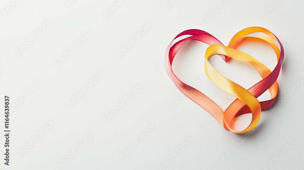 Warm-toned ribbons artfully arranged in a heart shape. Warm-toned ribbons artfully arranged in a heart shape.