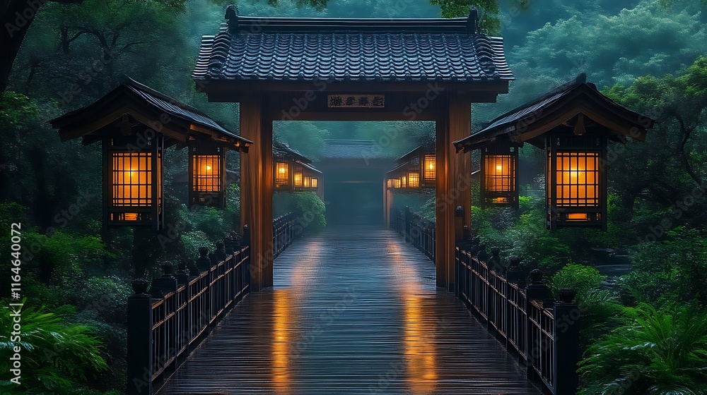 Illuminated Pathway Through Tranquil Asian Garden Gate Illuminated Pathway Through Tranquil Asian Garden Gate