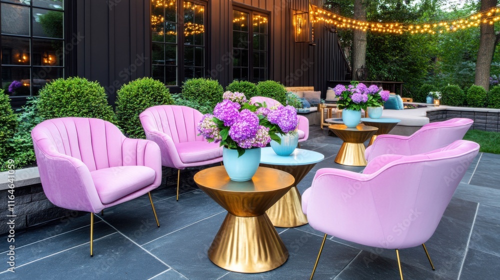 Obraz premium Modern outdoor patio design with pastel pink chairs and lavender tables under string lights in an inviting atmosphere