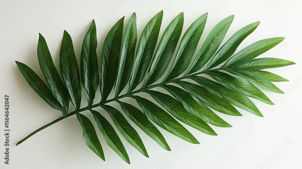 Single lush green palm frond isolated on white background. Single lush green palm frond isolated on white background.