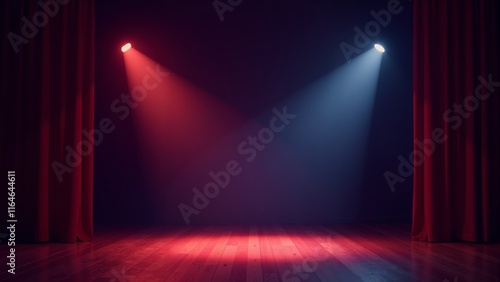 Stage illuminated by dramatic red and blue lights creates an enchanting atmosphere for performance