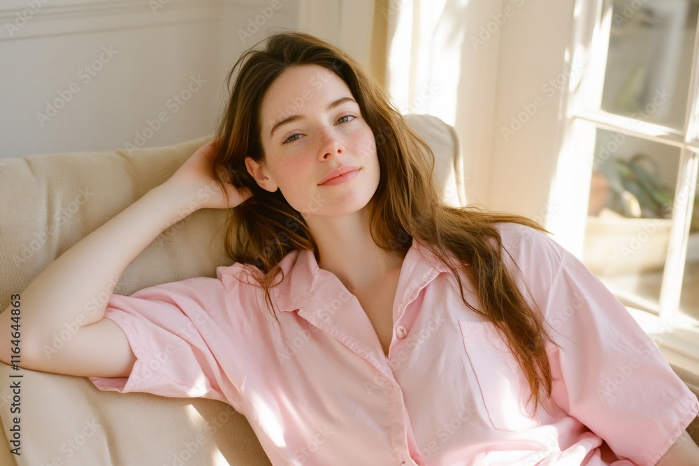 A serene woman relaxing on a sofa in soft sunlight. A serene woman relaxing on a sofa in soft sunlight.