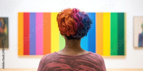 LGBTQ+ person with colorful hair in a modern art gallery, standing proudly in front of a rainbow-inspired artwork photo