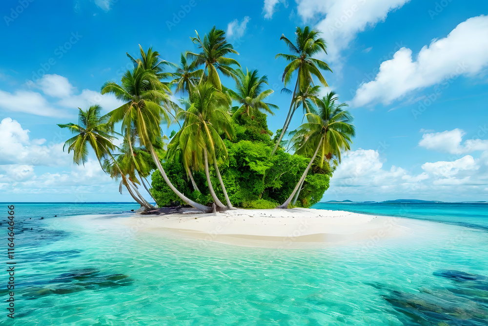 Lonely tropical island with palm trees in the middle of the ocean. Lonely tropical island with palm trees in the middle of the ocean.