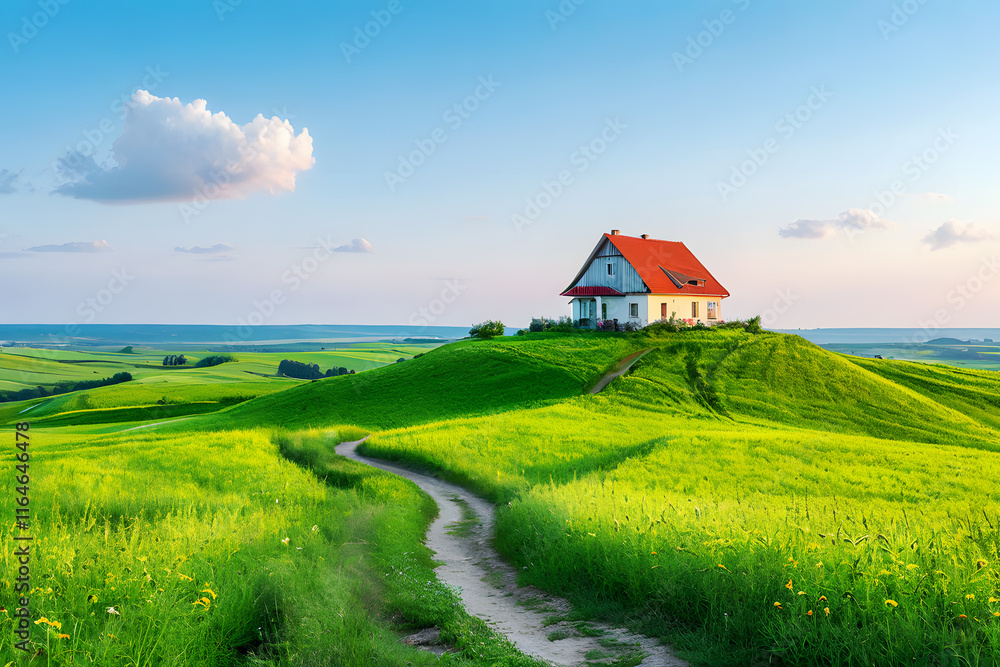 Lonely house with red roof on the hill, sunny summer day. Lonely house with red roof on the hill, sunny summer day.