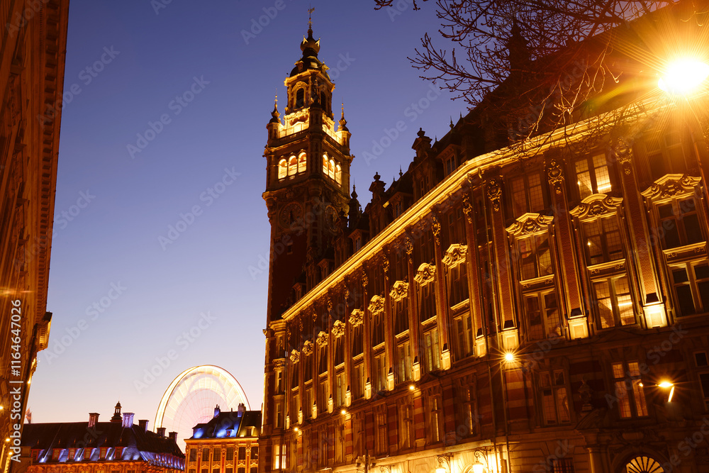 Obraz premium Lille, old facades in the center, the belfry of the Chamber of Commerce in background at night . France.