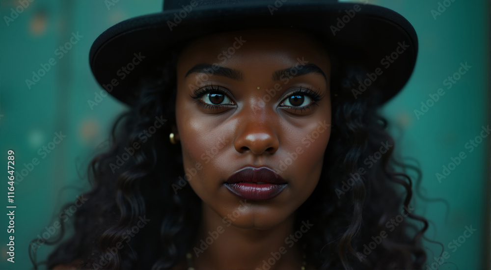Portrait of a young Black woman with a stylish black hat. Her confident gaze and flawless skin create a captivating image. Portrait of a young Black woman with a stylish black hat. Her confident gaze and flawless skin create a captivating image.