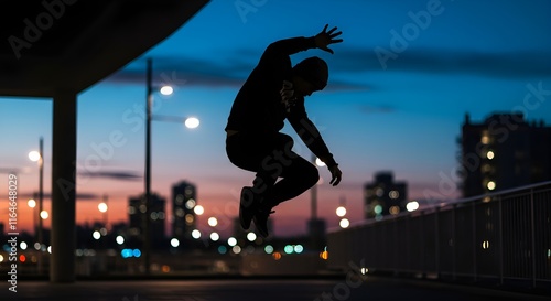 The image shows a person performing a high leap in the middle of a street at dusk. The streetlights are illuminated, creating a beautiful bokeh effect in the background.