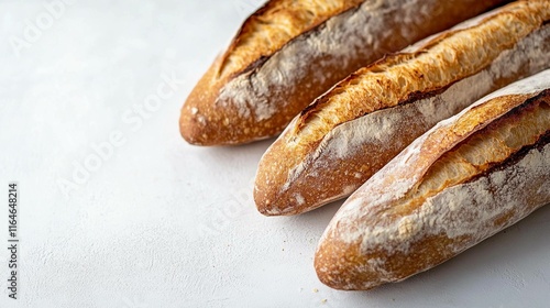 Crispy crust baguettes resting on a light surface after baking. Generative AI photo