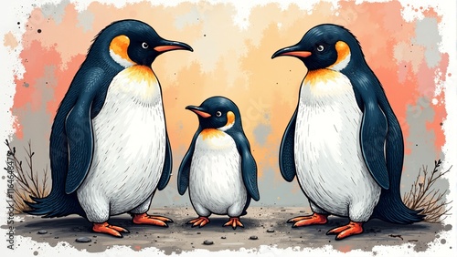 Charming cartoon penguins enjoying a playful moment on a colorful background photo