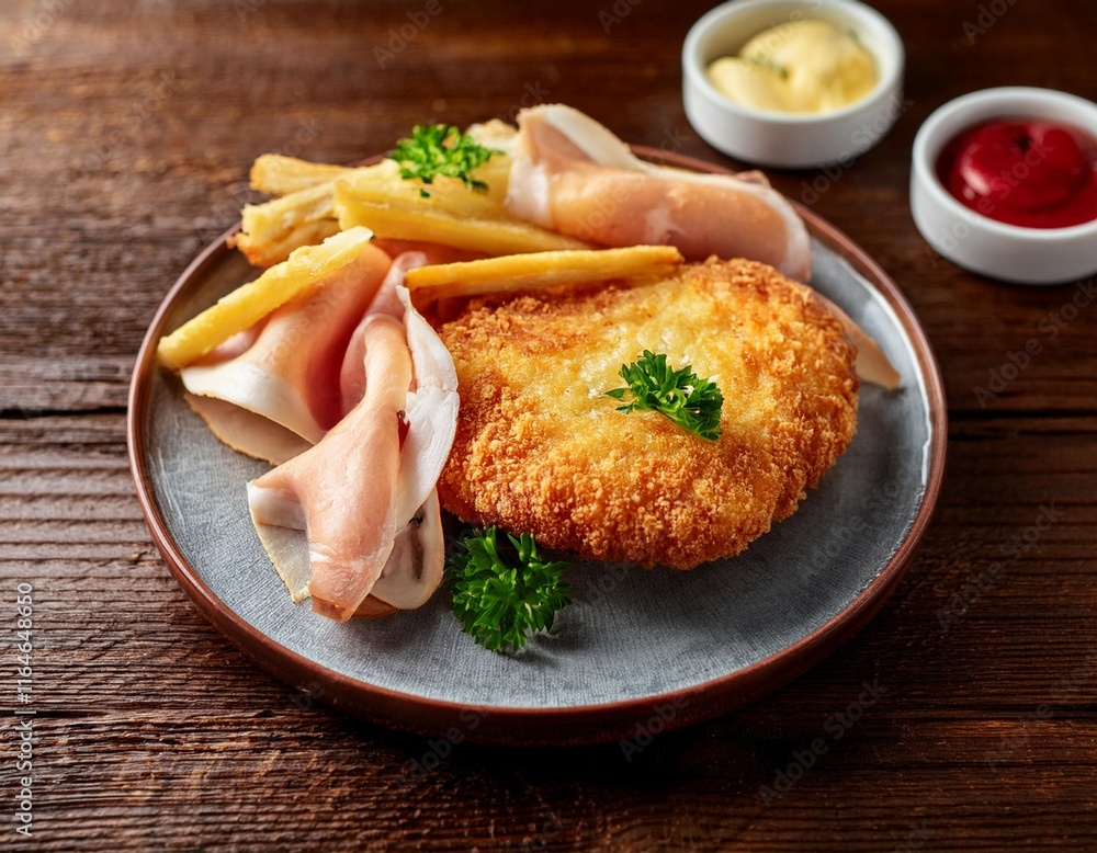 fresh natural meal of chicken cutlet cordon bleu with ham and cheese served as an appetizer on a rustic table with a background perfect for copy space image fresh natural meal of chicken cutlet cordon bleu with ham and cheese served as an appetizer on a rustic table with a background perfect for copy space image