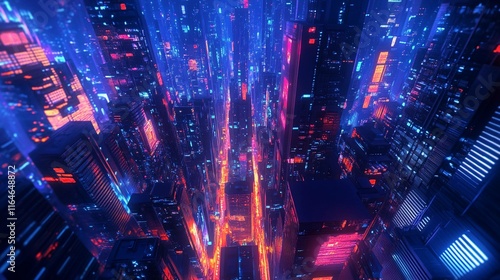 Majestic night view of vibrant skyscrapers illuminating the city skyline. Generative AI