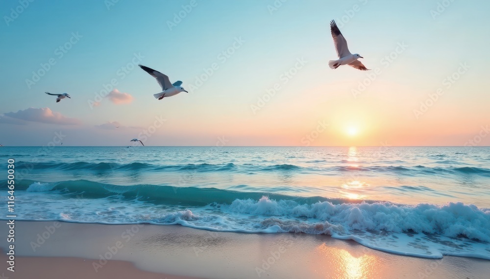 Fototapeta premium Seagulls flying above the calm and clear blue waters of a beach at dawn, peaceful, beach