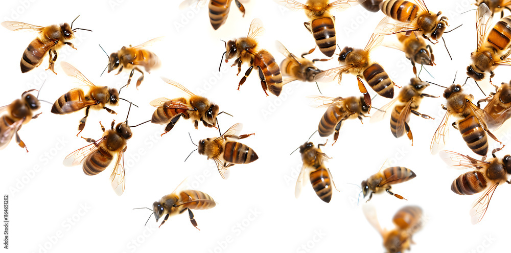 A swarm of bees flying in unison, captured in motion against a white background A swarm of bees flying in unison, captured in motion against a white background