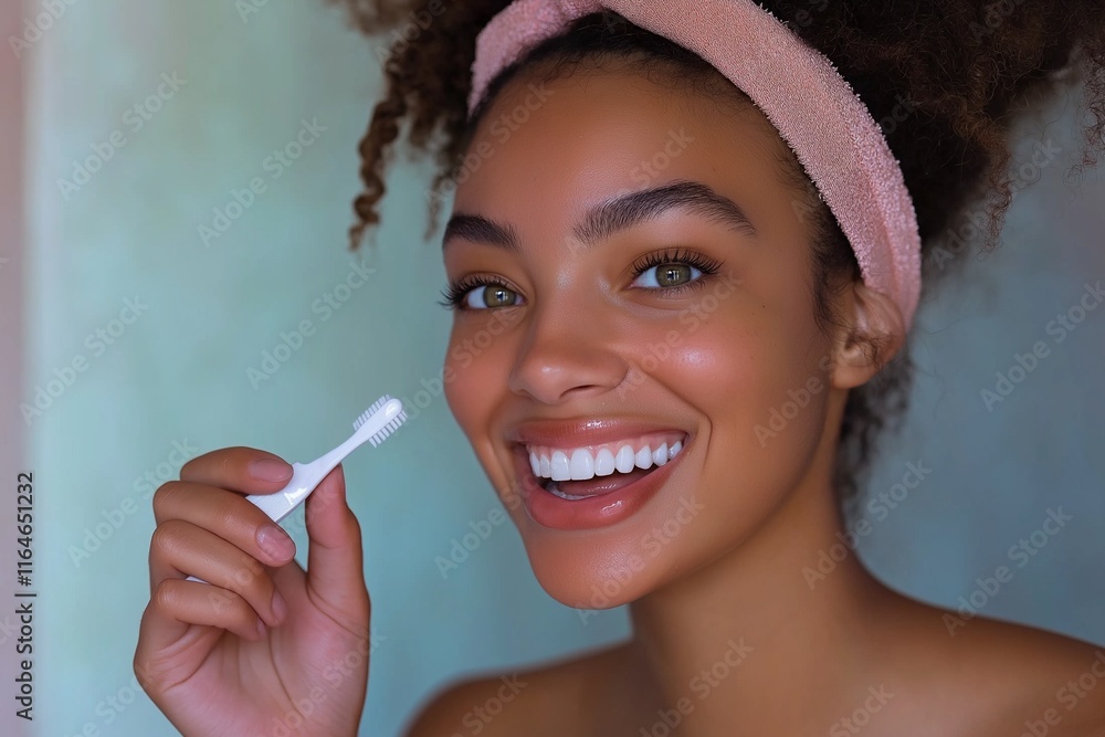 Obraz premium Teeth whitening: Smiling person using a teeth whitening kit to make white their smile