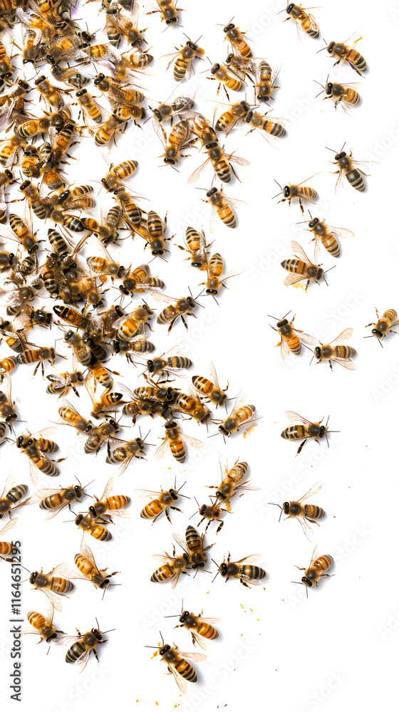 A swarm of bees flying in unison, captured in motion against a white background A swarm of bees flying in unison, captured in motion against a white background