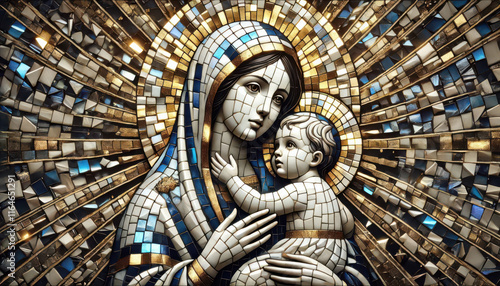 Exquisite Mosaic Depiction of the Virgin Mary and Baby Jesus: A Divine Representation of Motherhood, Faith, and Grace