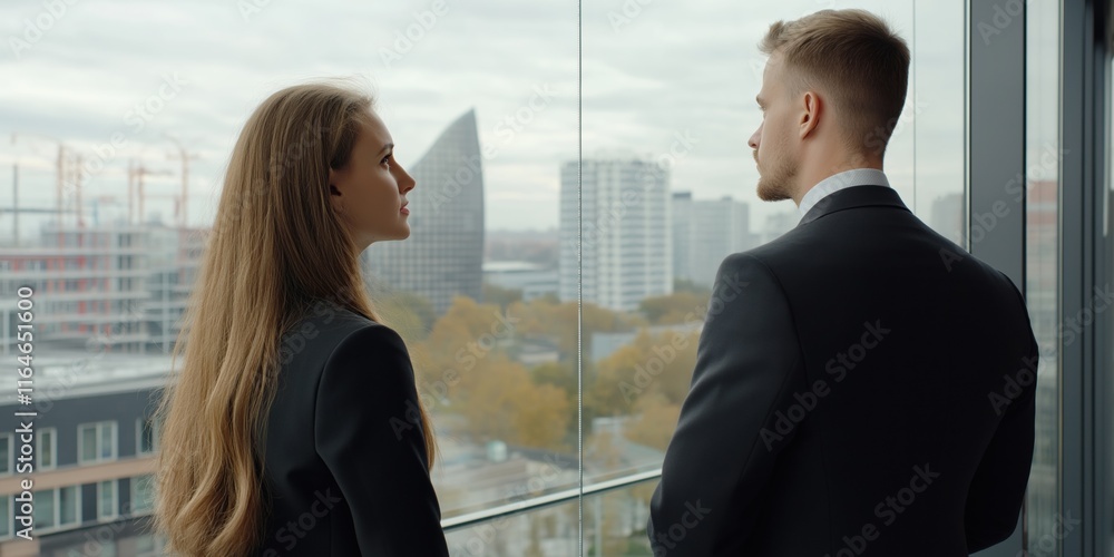 A man and a woman are standing in front of a building, looking out the window. The man is wearing a suit and tie, while the woman is wearing a black dress. Scene is professional and formal A man and a woman are standing in front of a building, looking out the window. The man is wearing a suit and tie, while the woman is wearing a black dress. Scene is professional and formal