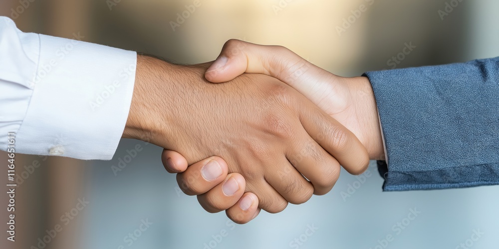 Two people shaking hands. The man on the left is wearing a white shirt and the man on the right is wearing a blue jacket Two people shaking hands. The man on the left is wearing a white shirt and the man on the right is wearing a blue jacket
