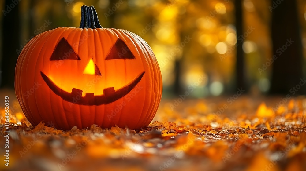 Illuminated Jack O Lantern Amidst Autumn Leaves Illuminated Jack O Lantern Amidst Autumn Leaves