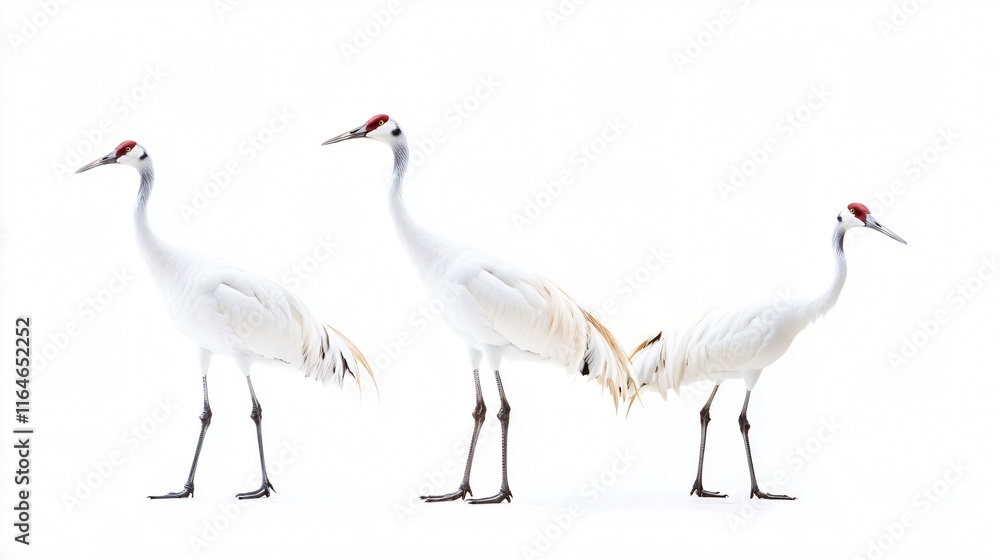 Naklejka premium Three White Cranes on a White Background: A Study in Grace and Purity
