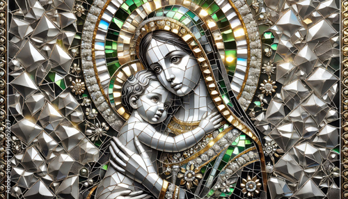 Exquisite Mosaic Depiction of the Virgin Mary and Baby Jesus: A Divine Representation of Motherhood, Faith, and Grace