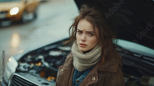 A woman, in layered clothing, looks worriedly at her car's open hood on a drearily wet street, epitomizing adversities and resilience, captured in a realistic modern setting. photo