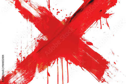 X, cross drawn with two strokes of red paint, cartoon, on white background, png, no background, on transparent background, isolated	