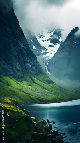 Breathtaking Scenery of Snow-Capped Fjord Mountains Under a Cloud-Filled Sky: A Testament of Natural Beauty and Power photo