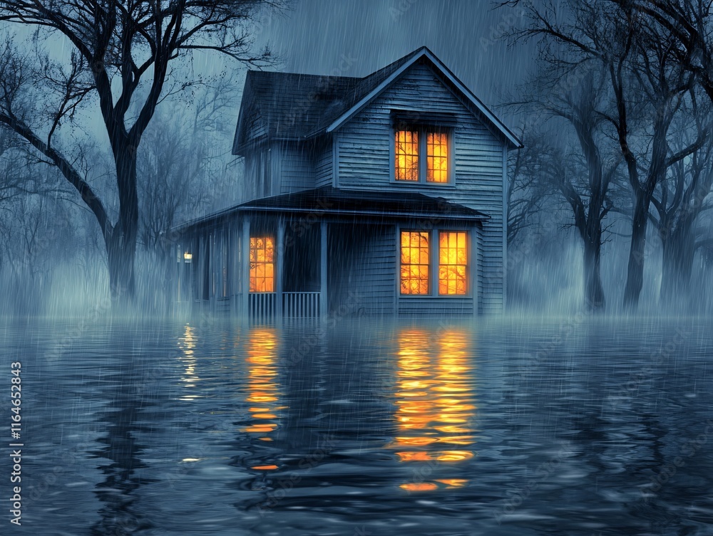 Mysterious house surrounded by floodwaters at night with glowing windows Mysterious house surrounded by floodwaters at night with glowing windows
