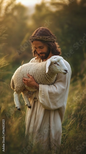 Jesus carrying a sheep in a meadow with copy space vertically 9:16 photo