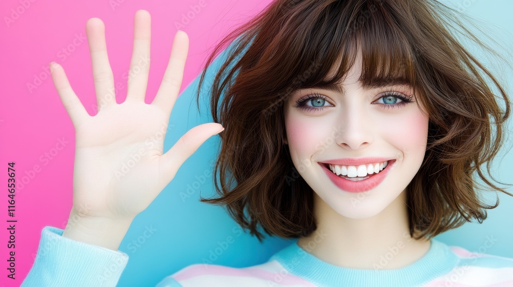 Smiling woman with wavy brown hair waving her hand against a bright pink and blue background. Smiling woman with wavy brown hair waving her hand against a bright pink and blue background.