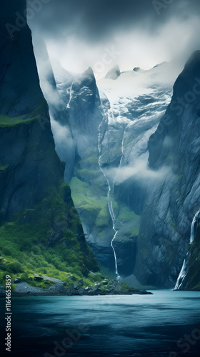 Breathtaking Scenery of Snow-Capped Fjord Mountains Under a Cloud-Filled Sky: A Testament of Natural Beauty and Power photo