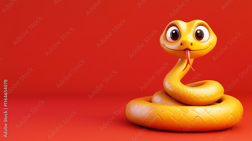 Fototapeta premium Cute cartoon yellow snake 3D rendering isolated on a red background