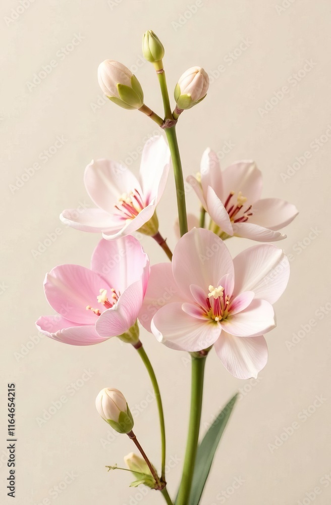 Fototapeta premium Elegant pink flowers on stem against neutral background for floral decor