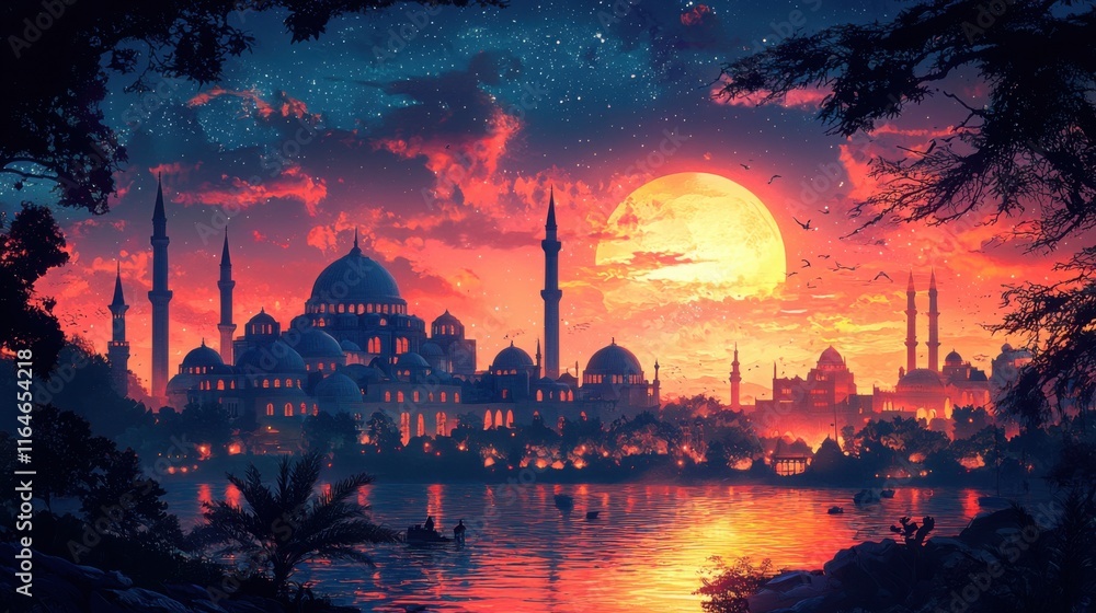Fototapeta premium A beautiful sunset scene over a city with traditional Asian architecture. The sky is vibrant with pink and orange hues, reflecting on the water.